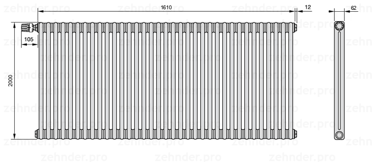 Схема (чертеж) Радиатор Zehnder Charleston 2200/35 №V012 Белый глянцевый RAL 9016
